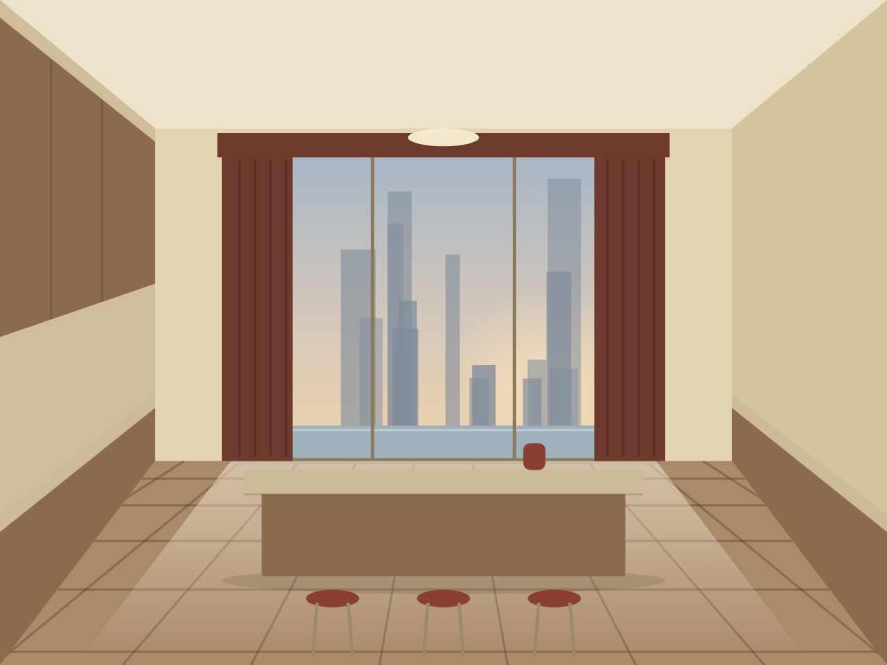 A dated kitchen with heavy curtains and brown tiles